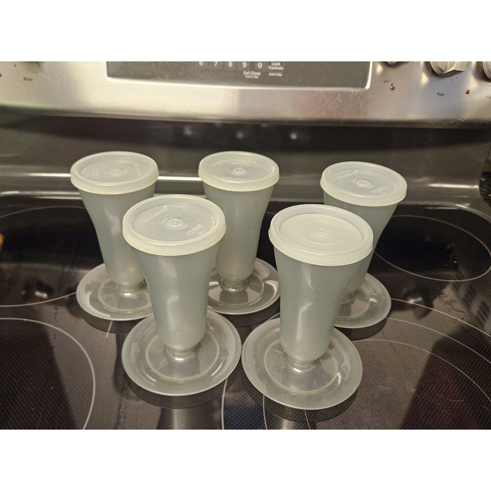 Set Of 5 Vintage Tupperware Parfait Cups Smoke Grey With Lids #754 & #296 EUC